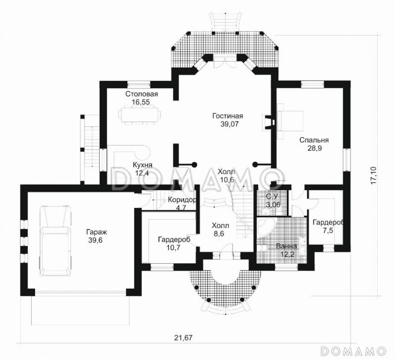 Проект дома с большим круглым эркером / План 1 этажа