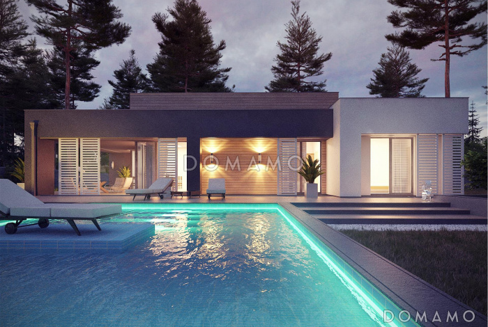 Проект одноэтажного дома с плоской крышей, большой террасой,  тремя спальнями