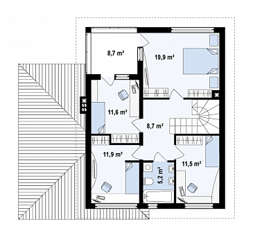 Проект современного двухэтажного дома из газобетона с четырьмя спальнями, кабинетом и пристроенным гаражом / План 2 этажа