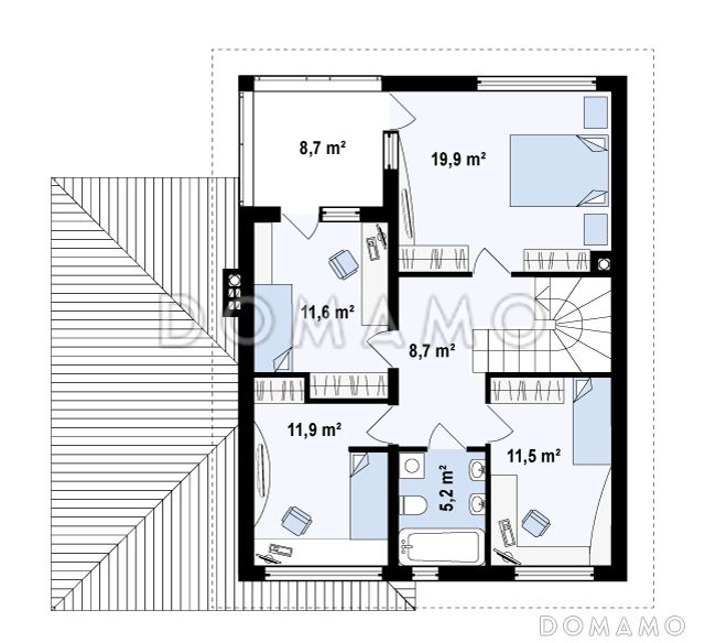 Проект современного двухэтажного дома из газобетона с четырьмя спальнями, кабинетом и пристроенным гаражом / План 2 этажа