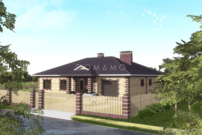 Проект одноэтажного дома из SIP панелей с гаражом и открытой террасой