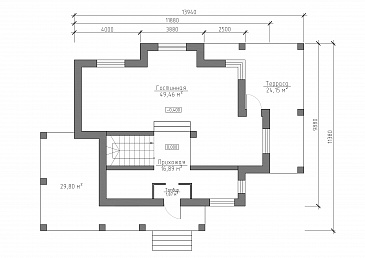 Проект дома с использованием трёх видов отелочных материалов, с навесом для автомобиля и террасой / План 1 этажа