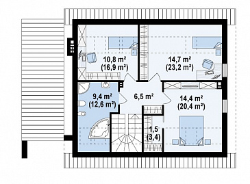 Проект одноэтажного мансардного дома из газобетона с тремя спальнями и пристроенным гаражом / План мансардного этажа