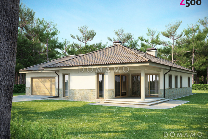 Проект просторного одноэтажного дома из кирпич с тремя спальнями, большой гардеробной и гаражом на два автомобиля