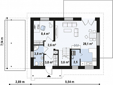Проект одноэтажного мансардного дома из газобетона с балконом и навесом для автомобиля / План 1 этажа