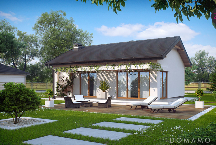 Проект компактного одноэтажного дома из кирпича с двумя спальнями, изолированной кухней и торцевым входом