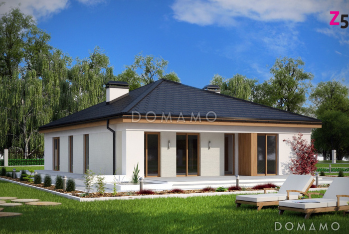 Проект квадратного одноэтажного дома из газобетона с четырьмя комнатами и гаражом для большой семьи