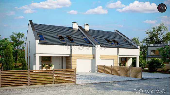 Проект мансардных домов-близнецов из газобетона с гаражом и современными элементами дизайна