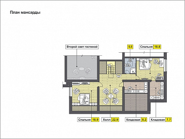 Проект дома с большой террасой с барбекю, большой гостиной с камином, спальнями на первом этаже, сауной, вторым светом / План мансардного этажа