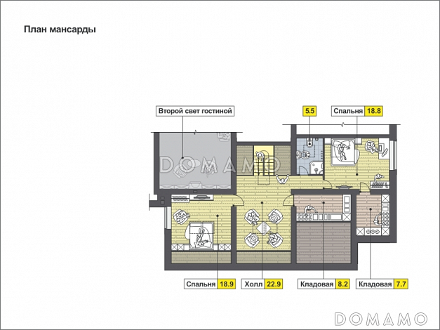 Проект дома с большой террасой с барбекю, большой гостиной с камином, спальнями на первом этаже, сауной, вторым светом / План мансардного этажа