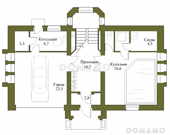 Проект просторного коттеджа с гаражом и сауной / План 1 этажа