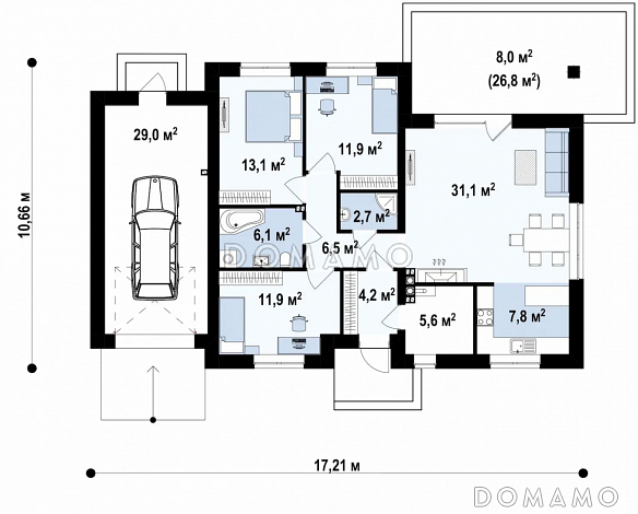 Проект одноэтажного дома из газобетона с тремя спальнями и небольшой крытой угловой террасой, увеличенная версия 273 с гаражом / План 1 этажа