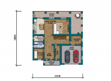 Проект двухэтажного дома с гаражом, 5 спальнями и угловой крытой террасой  / План 1 этажа