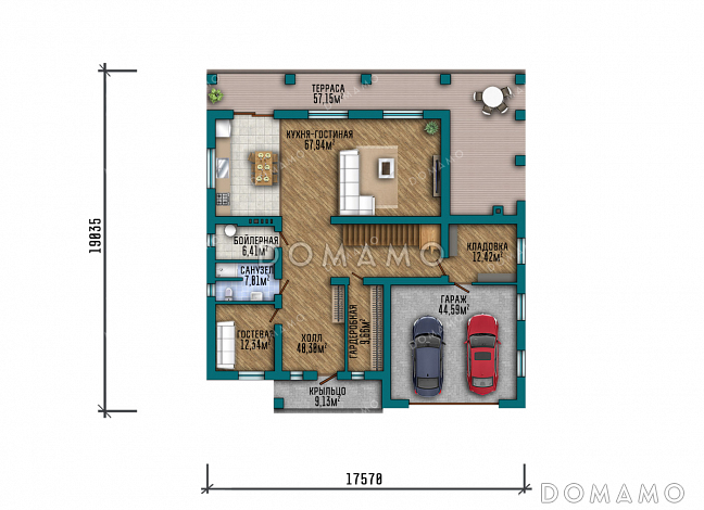 Проект двухэтажного дома с гаражом, 5 спальнями и угловой крытой террасой  / План 1 этажа
