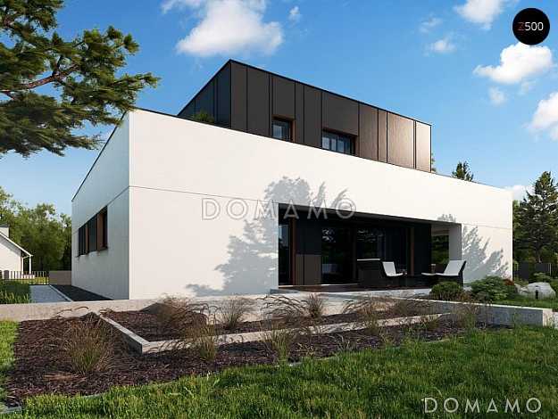 Проект современного двухэтажного дома из газобетона с подземным гаражом и террасой на втором этаже по периметру дома