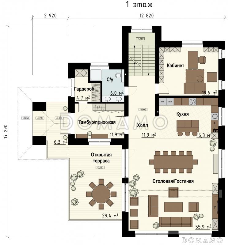 Проект дома с гаражом на 2 машины и навесом, сауной, террасой, кабинетом, детской / План 1 этажа
