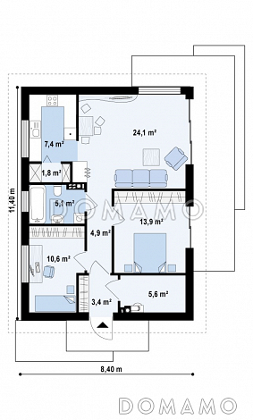 Проект компактного одноэтажного дома из газобетона с двумя спальнями, изолированной кухней и торцевым входом / План 1 этажа