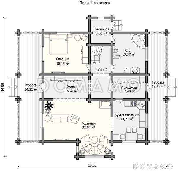 Проект большого дома с двумя просторными террасами / План 1 этажа