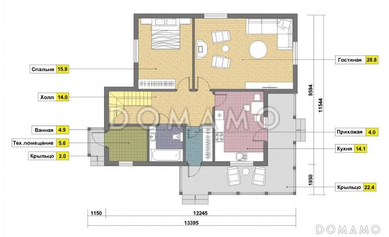 Проект двухэтажного дома из кирпича в стиле фахверк / План 1 этажа