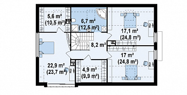 Проект современного мансардного дома из газобетона с четырьмя комнатами, эркером и одноместным гаражом / План мансардного этажа