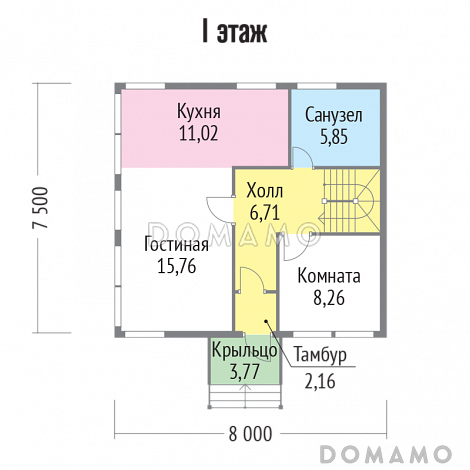 Проект двухэтажного дома из клееного бруса с окнами в пол / План 1 этажа