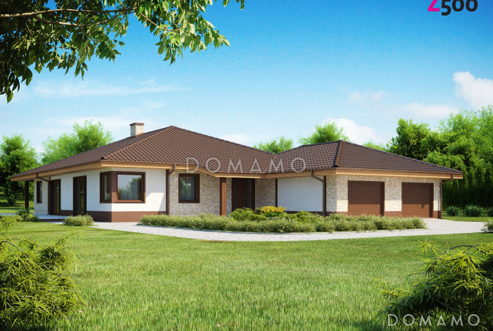 Проект просторного одноэтажного дома из кирпича с фронтальным гаражом, четырьмя спальнями и большой гостиной