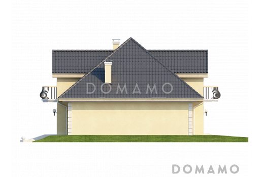 Проект классического одноэтажного мансардного дома из кирпича с кабинетом, хозяйственным помещением и с балконами в каждой из трёх спален / Фасад 2