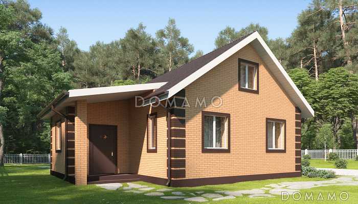 Проект дома из газобетона с верандой, санузлом с окном, отделкой фасадов кирпичом