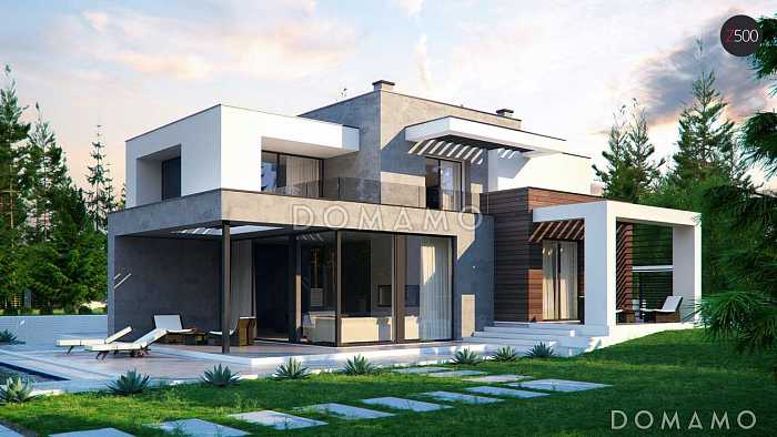 Проект большого современного двухэтажного дома из кирпича с четырьмя спальнями, кабинетом и гаражом для участка с рельефом