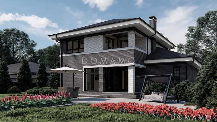 Проект двухэтажного дома с гаражом, кухней с выходом на террасу, кабинетом