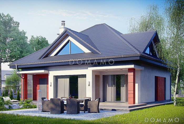 Проект одноэтажного мансардного коттеджа из газобетона с большой площадью остекления в гостиной, кабинетом и гаражом, для сейсмических районов 