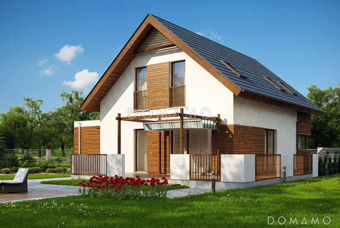 Проект комфортного одноэтажного мансардного дома из газобетона с изолированной кухней, большим гаражом и четырьмя спальнями