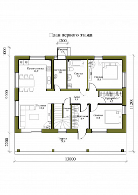 Проект одноэтажного дома с мансардой и просторной крытой террасой / План 1 этажа
