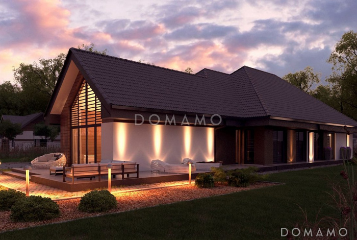 Проект загородного дома с гаражом на 2 машины и кладовой, просторной гостиной, кухней с угловым окном и кладовой, террасой