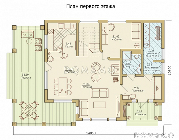 Проект каркасного дома с рационально распланированной планировкой / План 1 этажа