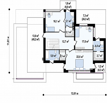 Проект загородного дома с подвалом, гаражом, кладовой в центре кухонной зоны, спальнями с санузлами на втором этаже / План 2 этажа