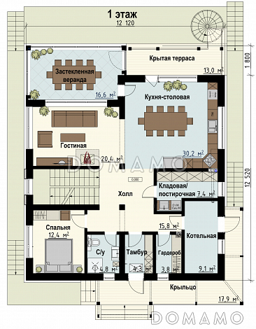 Проект загородного дома в стиле шале с верандой, балконом, сауной, бильярдной / План 1 этажа