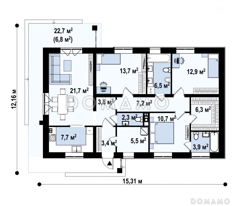 Проект одноэтажного дома простой формы с тремя спальнями,  изолированной кухней / План 1 этажа