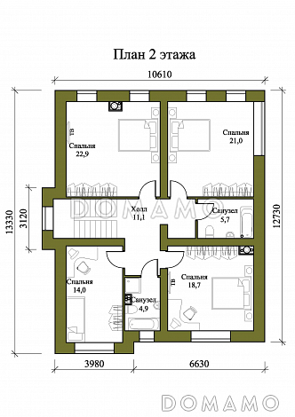 Проект двухэтажного дома с совмещенными гостиной, столовой, холлом и кухней / План 2 этажа