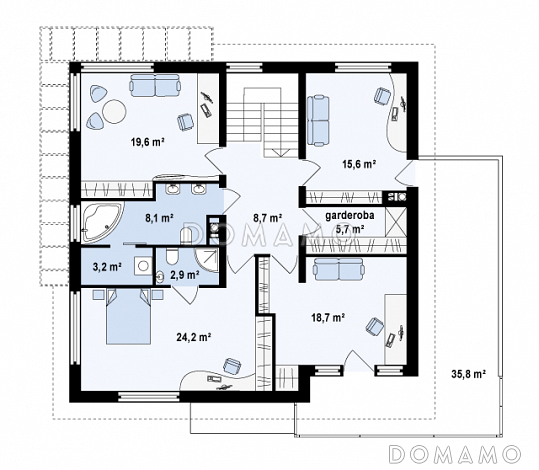 Проект просторного современного двухэтажного дома из газобетона, с пятью комнатами, гаражом и застеклённой террасой над ним / План 2 этажа