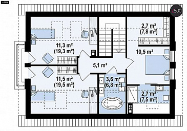 Проект классического мансардного дома из газобетона с дополнительной спальней на первом этаже, с эркером и с деревянными фасадами / План мансардного этажа