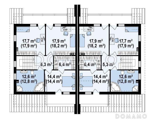 Проект мансардных домов-близнецов из кирпича с гаражом и слуховым окном / План мансардного этажа