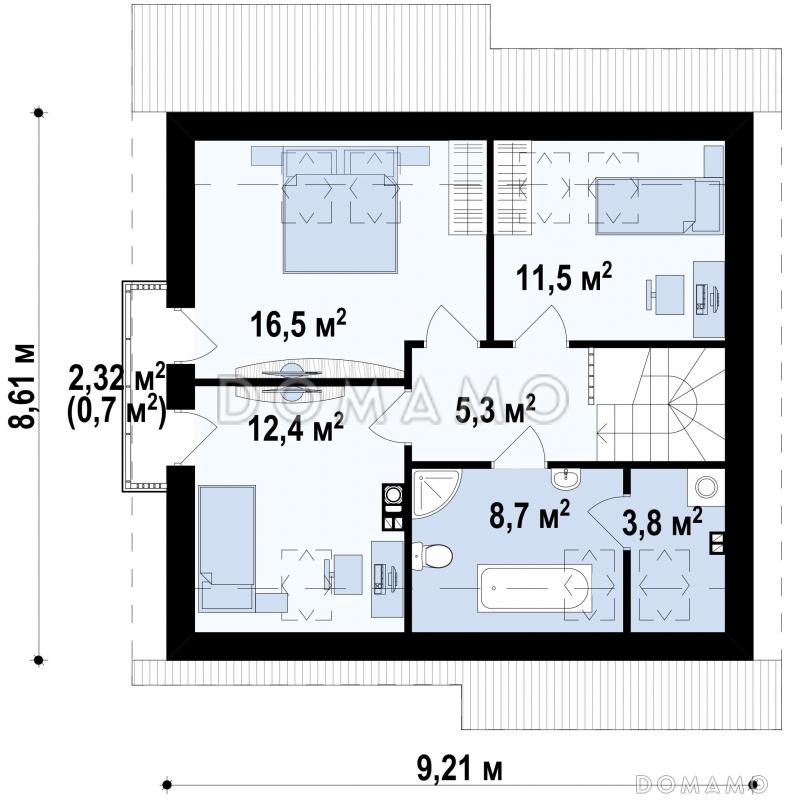 Проект мансардного дома из кирпича с кабинетом, тремя спальнями и балконом / План мансардного этажа