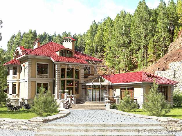 Проект коттеджа с двусветной гостиной, бассейном и зимним садом