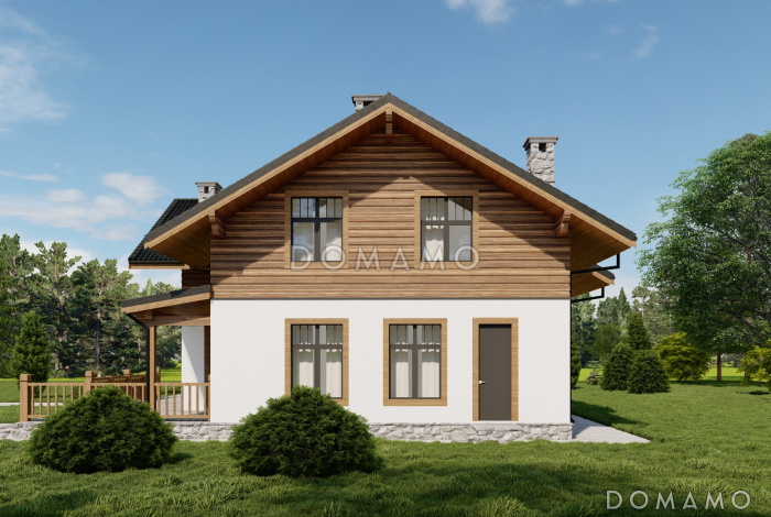 Проект двухэтажного газобетонного дома с просторной террасой, сауной и пятью спальнями