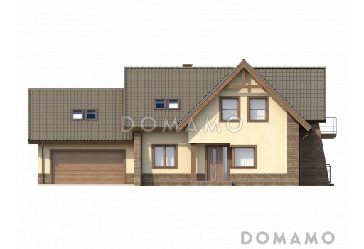 Проект просторного комфортного мансардного дома из газобетона с необычной планировкой и гаражом / Фасад 1