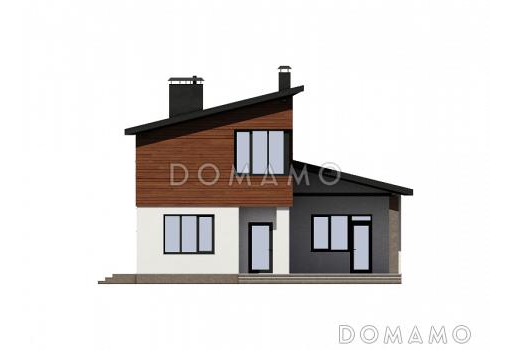 Проект загородного дома с террасой, кабинетом, совмещенной гостиной-столовой / Фасад 1