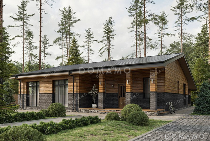 Проект одноэтажного дома с большой террасой и тремя спальнями