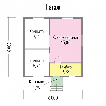 Проект каркасного дома с двумя маленькими спальнями / План 1 этажа