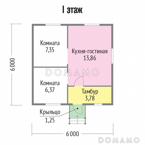 Проект каркасного дома с двумя маленькими спальнями / План 1 этажа